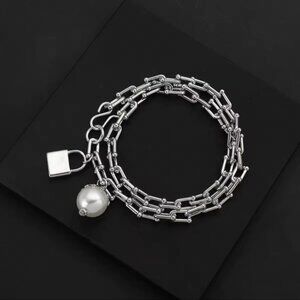 Graduated Link Elegant Silver Chain Lock Pearl Charm
